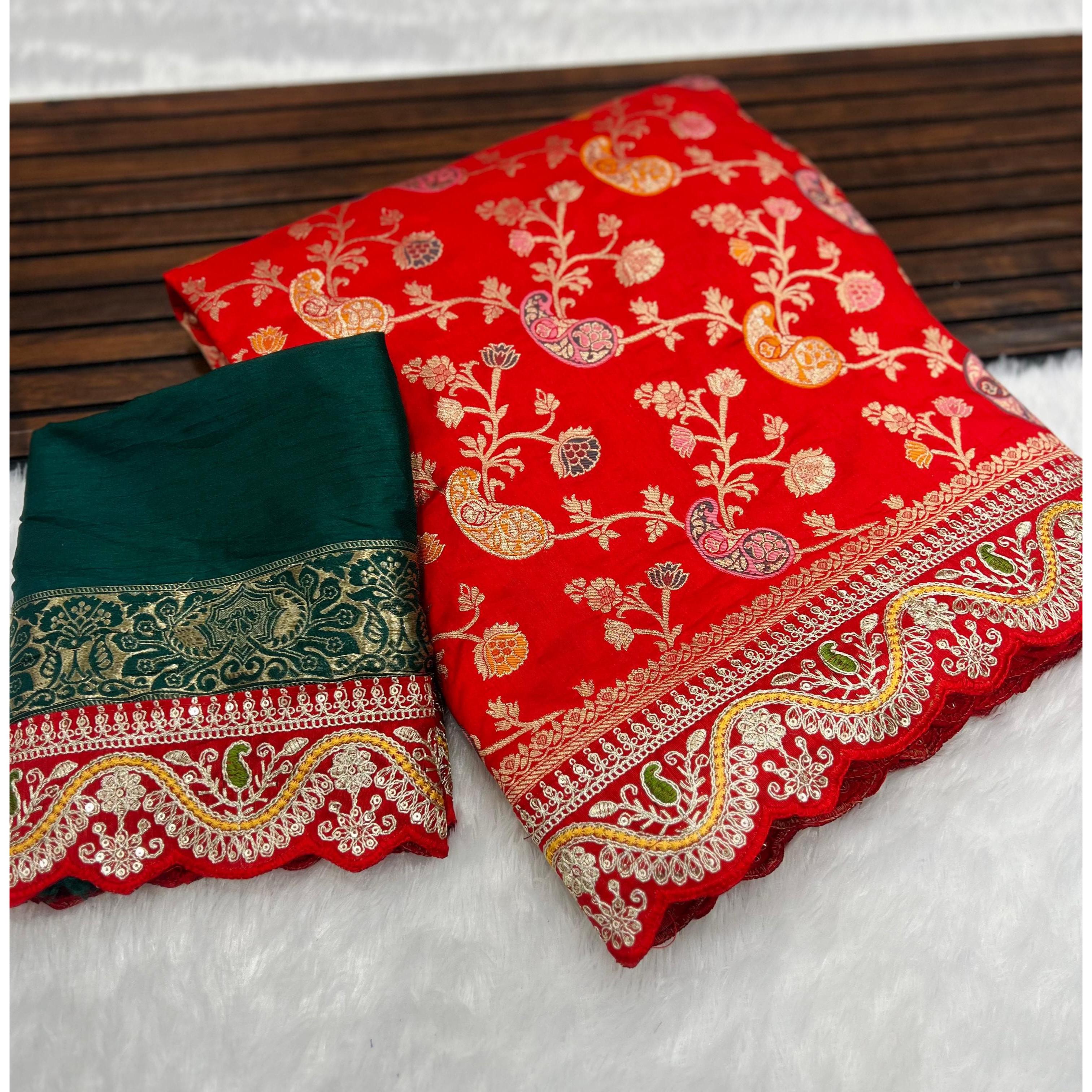 Это сари из чистого шелка Дола, выполненное в технике жаккардового плетения, с изысканной кодировкой, работа с тиснением, работа с тиснением, работа с тиснением